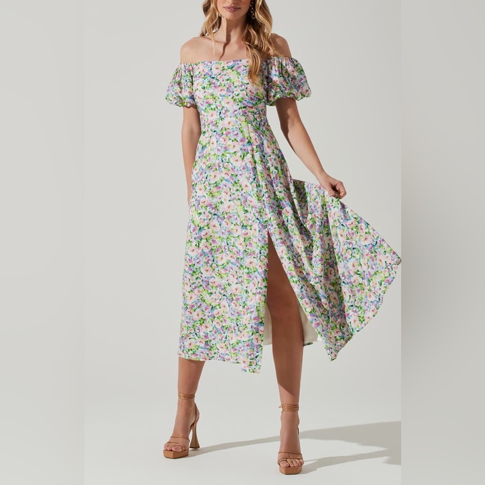 ASTR the Label Off the Shoulder A-Line Floral Midi Dress Puff Sleeve Size Small